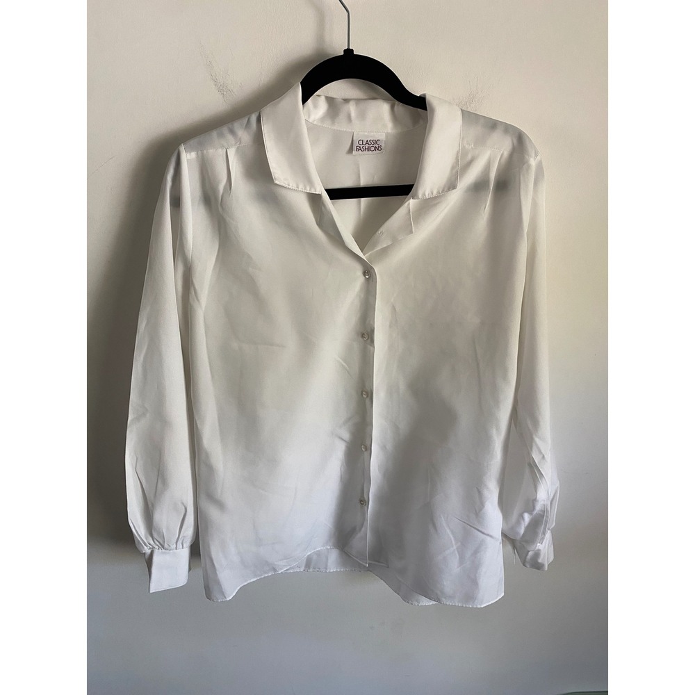 Classic Fashions White Button Down Blouse Long Sleeve Notched Lapel Top Womens‎